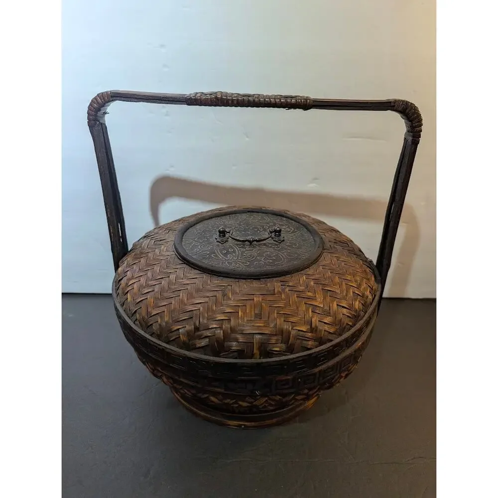 Vintage Woven Bamboo Wedding Basket Lid Chinoiserie Boho Decor